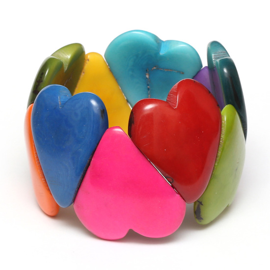 Handmade multicoloured heart shape tagua elasticated...