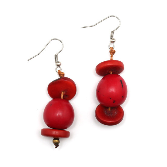 Handmade red Tagua nut and disc drop earrings