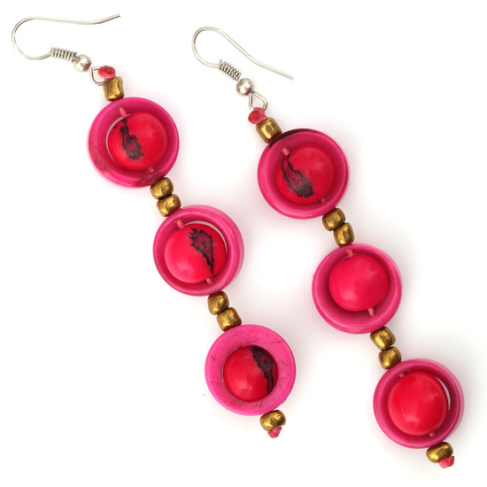 Pink Tagua and Acai berry cascading dangle earrings