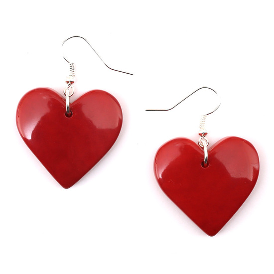 Red carved heart shape Tagua dangle earrings