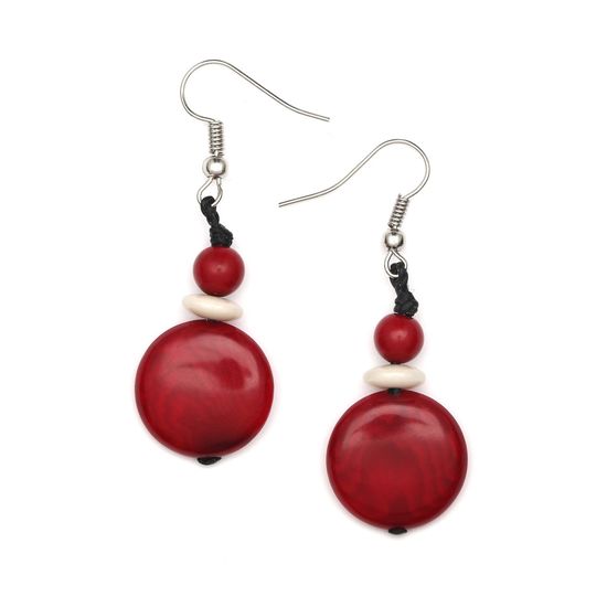 Red Round Tagua Disc and Beads Drop Earrings