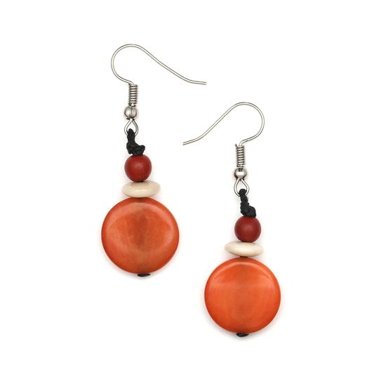 Orange Round Tagua Disc and Beads Drop Earrings