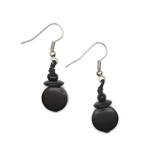 Black Round Tagua Disc and Beads Drop Earrings