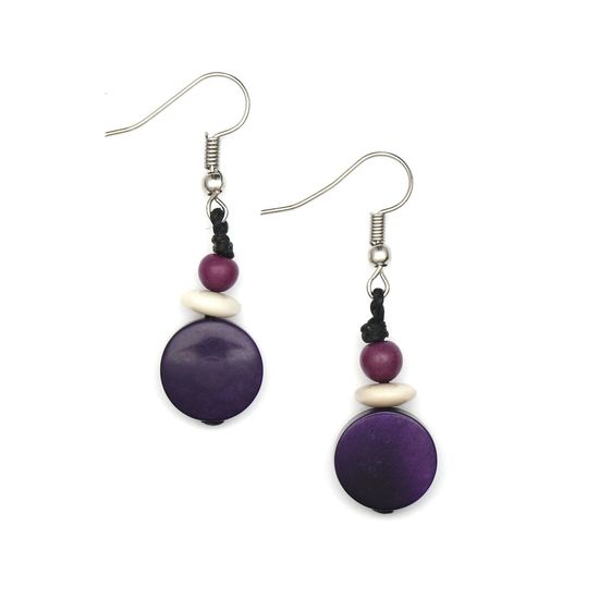 Purple Round Tagua Disc and Beads Drop Earrings