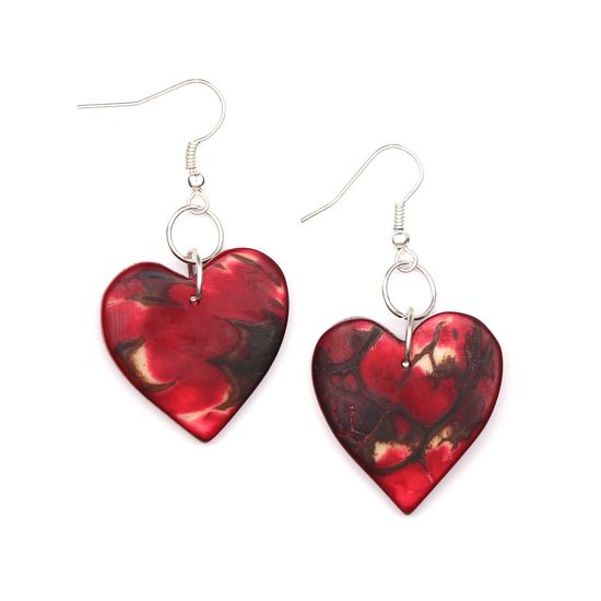 Red Heart Tagua with Marble Effect Drop Earrings