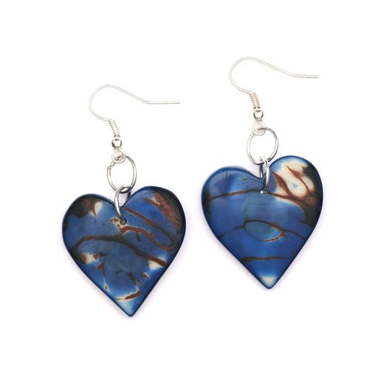Blue Heart Tagua with Marble Effect Drop Earrings