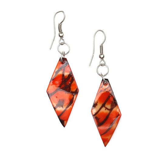 Orange Diamond-shaped Tagua with Marble Effect Drop Earrings