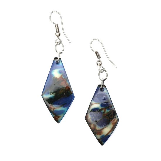 Blue Diamond-shaped Tagua with Marble Effect Drop Earrings