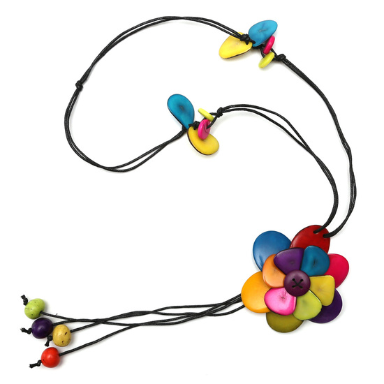 Colourful rainbow colour Tagua flower long necklace