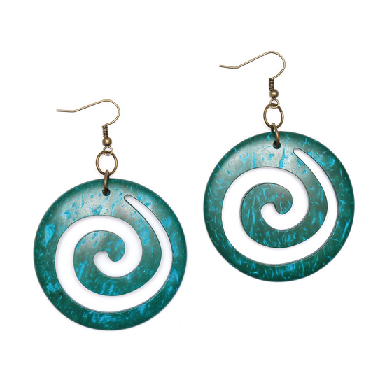 Handmade turquoise spiral hoop coconut wood drop earrings