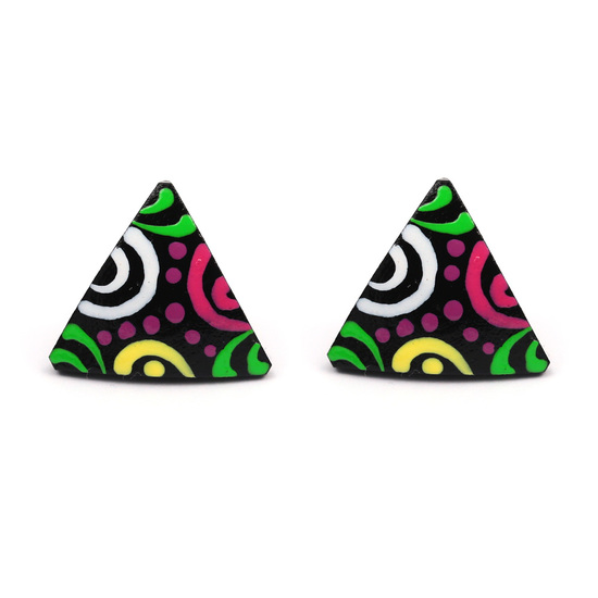 Hand painted vibrant swirl and dot coconut shell triangle stud earrings with plastic posts