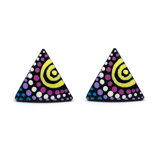 Hand painted vibrant dots coconut shell triangle stud earrings with plastic posts