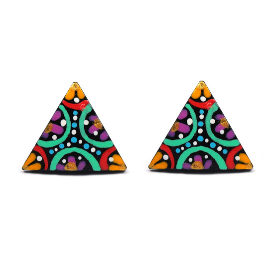 Hand painted vibrant hidden flowers coconut shell triangle stud earrings with plastic posts
