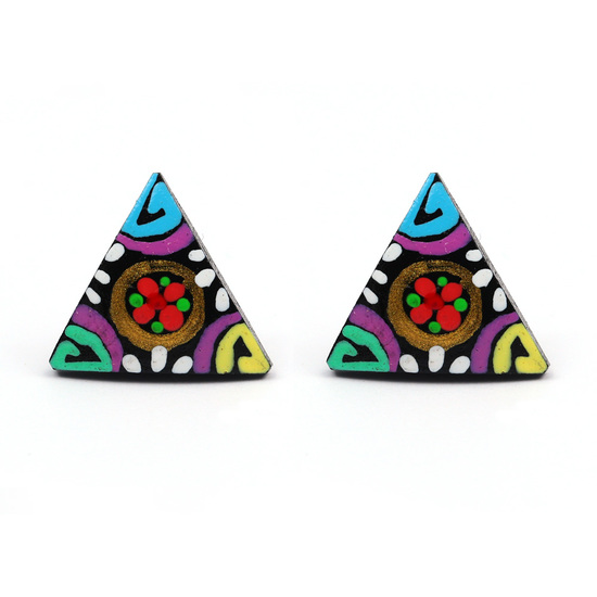 Hand painted vibrant red flower in circle coconut shell triangle stud earrings with plastic posts