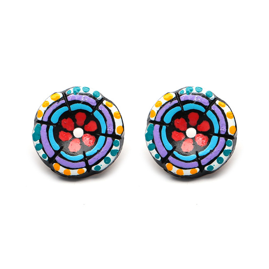 Red Flower in Blue Circles Coconut Earrings