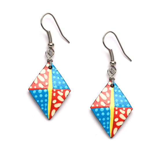 Diamond-shaped Red/Blue Quartered Coconut Drop Earrings