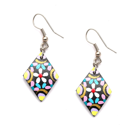 Hand painted vibrant pink and white flowers diamond shape coconut shell drop earrings
