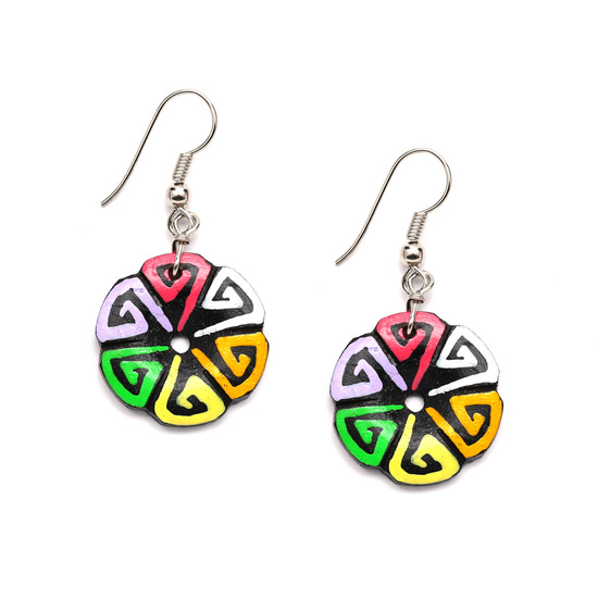 Hand painted vibrant swirly flower coconut shell drop earrings
