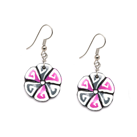 Hand painted vibrant white swirly flower coconut shell drop earrings