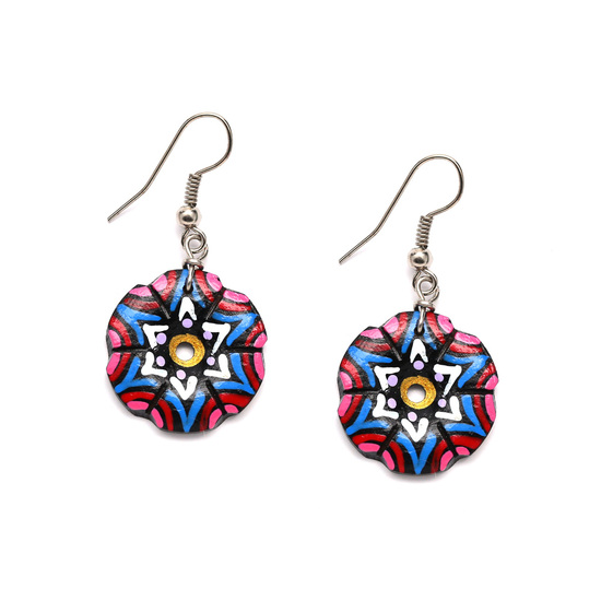 Hand painted vibrant blue and pink flower coconut shell drop earrings