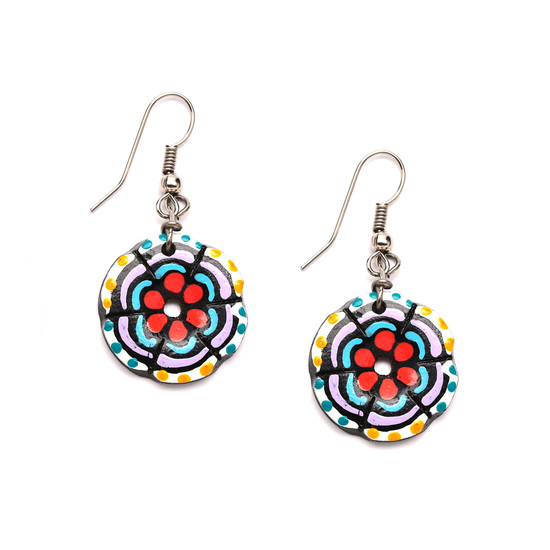 Hand painted vibrant red flower and spots coconut shell drop earrings