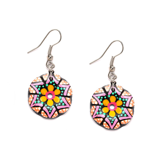 Hand painted vibrant yellow flower and fun spots coconut shell drop earrings