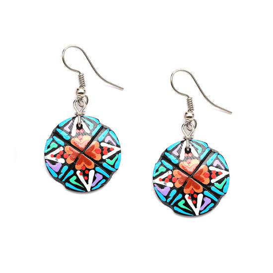 Hand painted vibrant flower with blue element coconut shell drop earrings