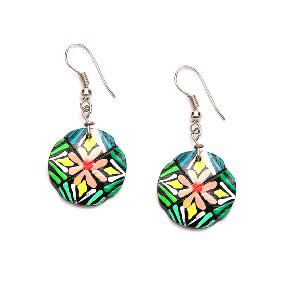 Vibrant flower and green grass coconut shell drop earrings
