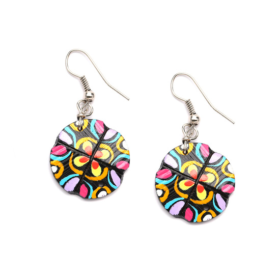 Hand painted vibrant marvellous flowers coconut shell drop earrings
