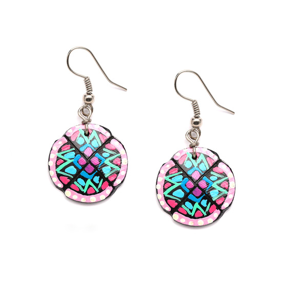 Hand painted vibrant green and pink flower coconut shell drop earrings