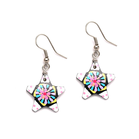 Handpainted white star and pink flower coconut shell drop earrings