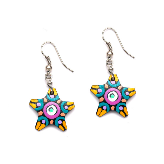 Vibrant white and purple circles star coconut shell drop earrings