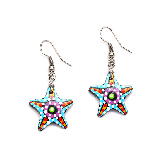 Hand painted vibrant white spotty blue star coconut shell drop earrings