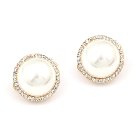 White round flat back imitation pearl with CZ clip on earrings with gift box