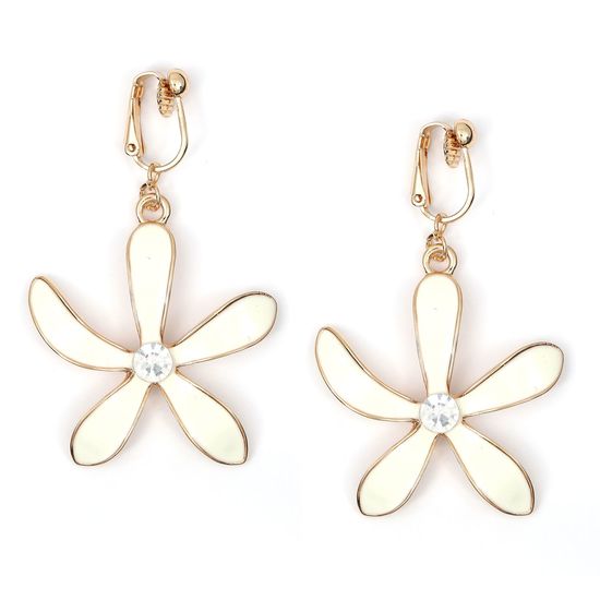 White Enamel Flower with Crystal Gold-Tone Clip-on...