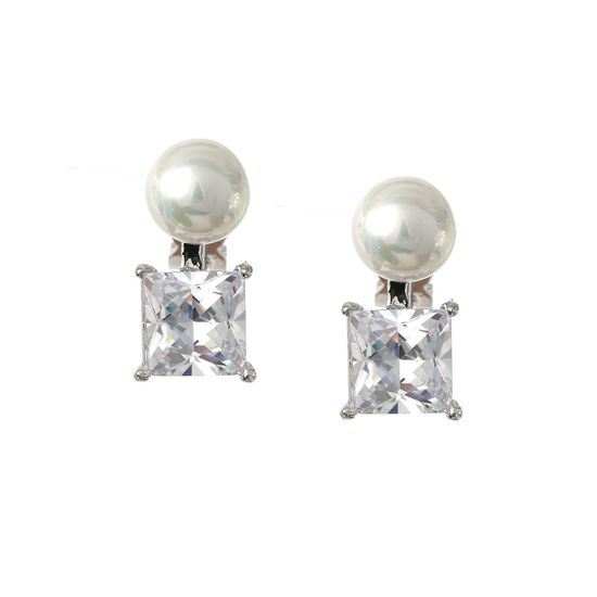 Shell Pearl with Princess Cut Cubic Zirconia White Gold-plated Clip-on Earrings