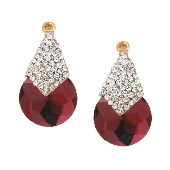 Maroon Faceted with Diamante Kite Shaped Screw Back Drop Clip On Earrings