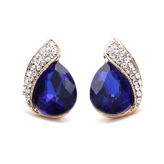 Blue Crystal Diamante Teardrop Gold-tone Clip On Earrings