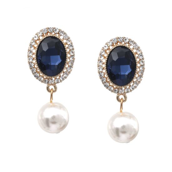Blue Crystal Diamante Oval with Simulated Pearl Drop Clip On Earrings