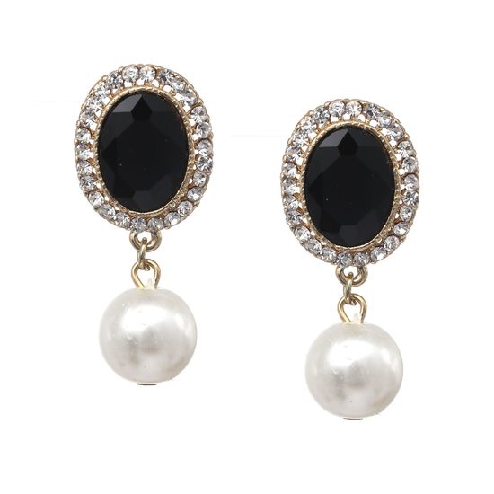 Black Oval Crystal with Simulated Pearl Drop Clip On Earrings