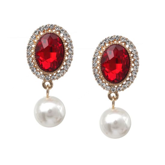 Red Crystal Diamante Oval with Simulated Pearl Drop Clip On Earrings