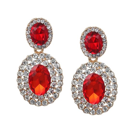 Red Crystal Diamante Oval Gold-tone Drop Clip On Earrings