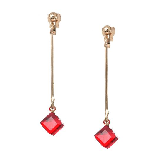 Red Crystal Cube Gold-tone Drop Clip On Earrings