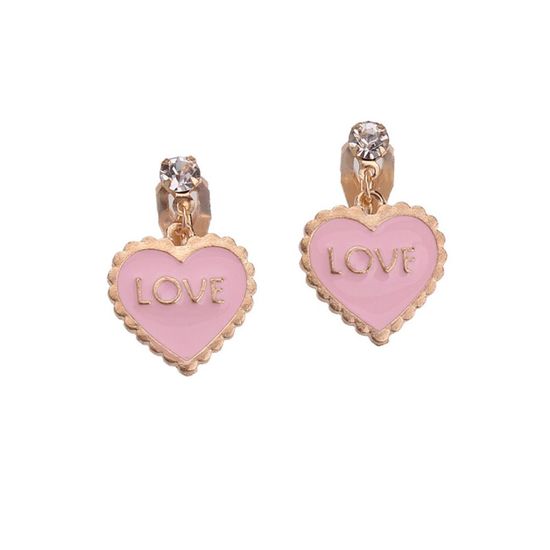 Pink Love Heart Drop Clip On Earrings