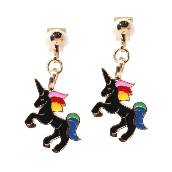 Black Unicorn Drop Clip On Earrings