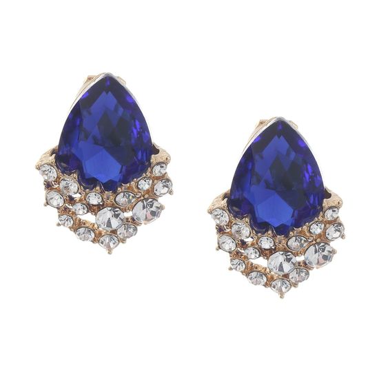 Blue Faceted Teardrop with Crystal Clip On Earrings