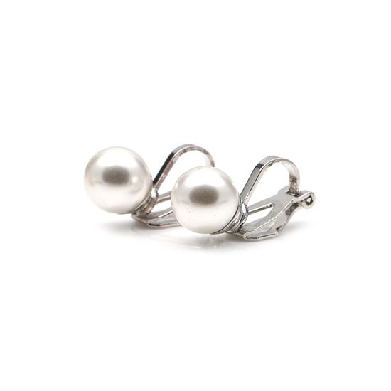 8 mm White Round Simulated Pearl Silver Tone Clip On Earrings