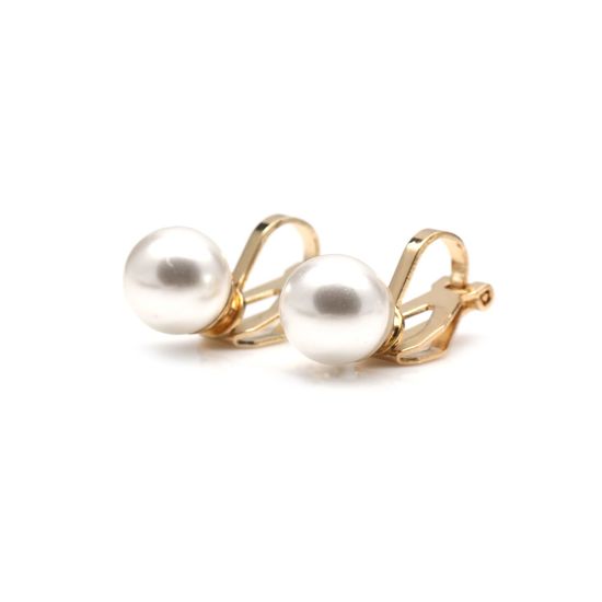8 mm White Round Simulated Pearl Gold Tone Clip On Earrings