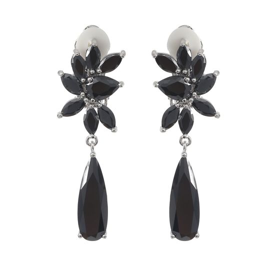 Bridal Black Marquise and Teardrop Cubic Zirconia Drop White Gold Plated Clip On Earrings