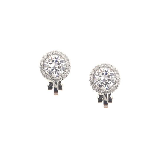 Round Cubic Zirconia Halo White Gold Plated Clip On Earrings